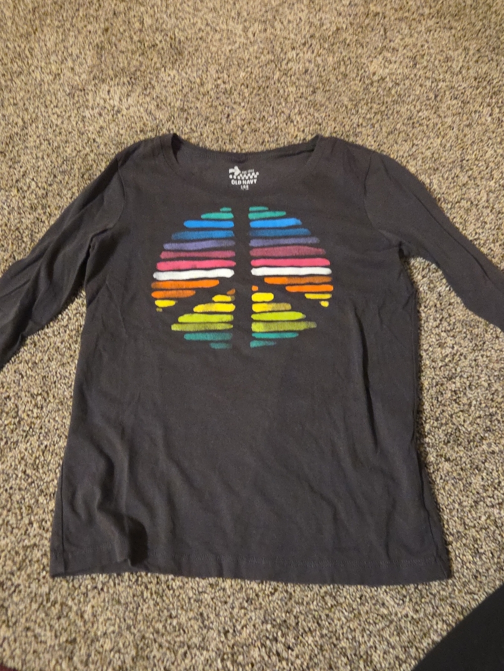 Old Navy Black Long Sleeve Tee with Rainbow Stripe Peace Graphic
